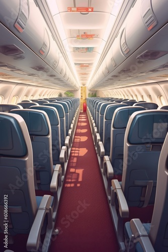 Interior of airplane with empty blue seats, created using generative ai technology