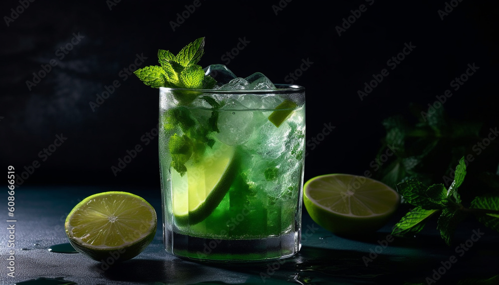 A refreshing mojito with lime, mint leaf, and soda water generated by AI A refreshing mojito with lime, mint leaf, and soda water generated by AI