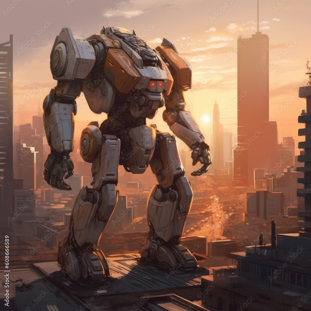Close up of yellow mecha giant robot over cityscape, created using generative ai technology Close up of yellow mecha giant robot over cityscape, created using generative ai technology