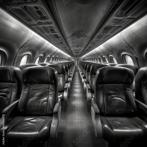 Interior of airplane with empty yellow seats, created using generative ai technology
