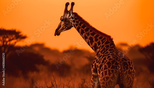 A horned giraffe standing in silhouette at dawn on savannah generated by AI
