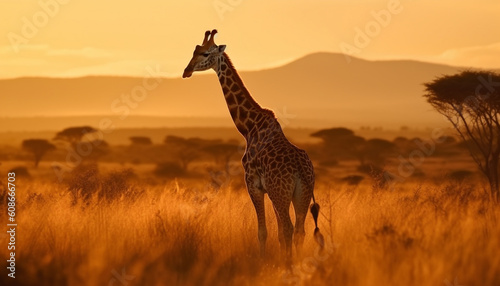 Silhouette of giraffe standing on steppe at sunset, looking back generated by AI