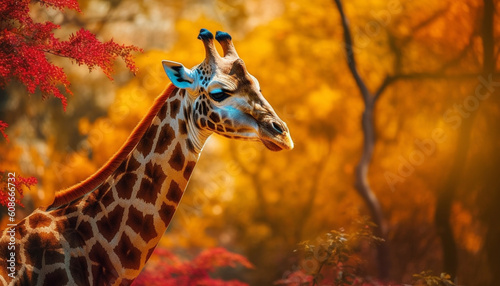 The elegant giraffe stands tall, looking at the camera generated by AI