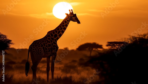 A horned giraffe standing in silhouette at sunset on savannah generated by AI