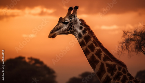 Majestic giraffe stands tall in Africa stunning wilderness at sunset generated by AI