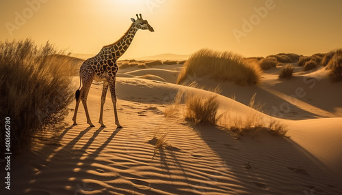 A tranquil scene at dawn Giraffe walking on arid plain generated by AI