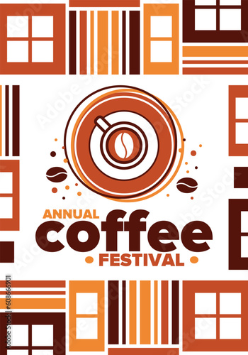Coffee Festival. For coffee lovers. Event for professionals in the coffee industry. Cafes, restaurants and coffee roasters. Trainings for baristas from staff schools. Creative Illustration. Vector