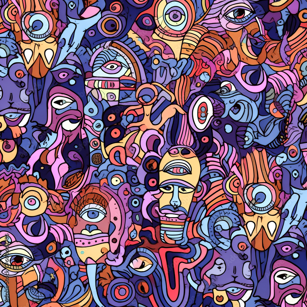 A vibrant, abstract pattern featuring a variety of faces - generative ai