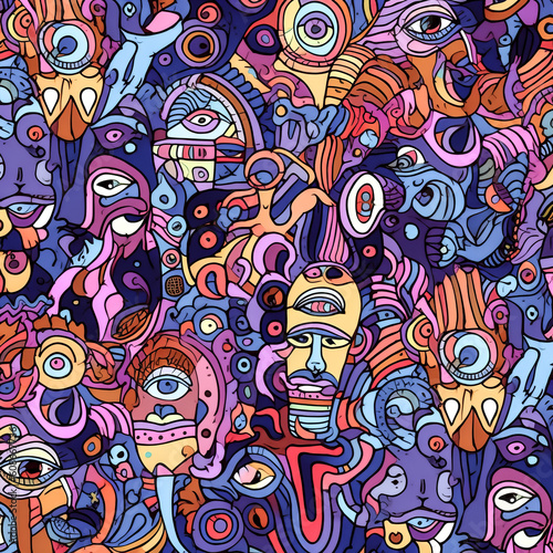A vibrant  abstract pattern featuring a variety of faces - generative ai