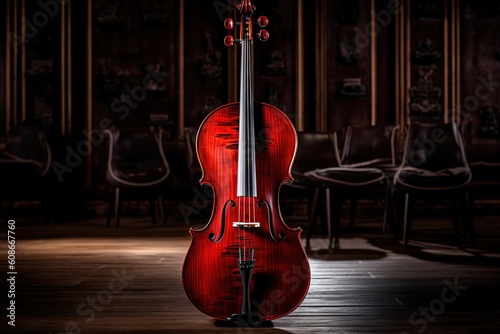 Alien deep red cello crafted from the finest aged woods, its resonating strings producing soul - stirring melodies that evoke a sense of longing and introspection illustration generative ai photo