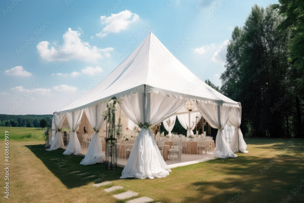 Long white tent for wedding party in the woods. Generative AI