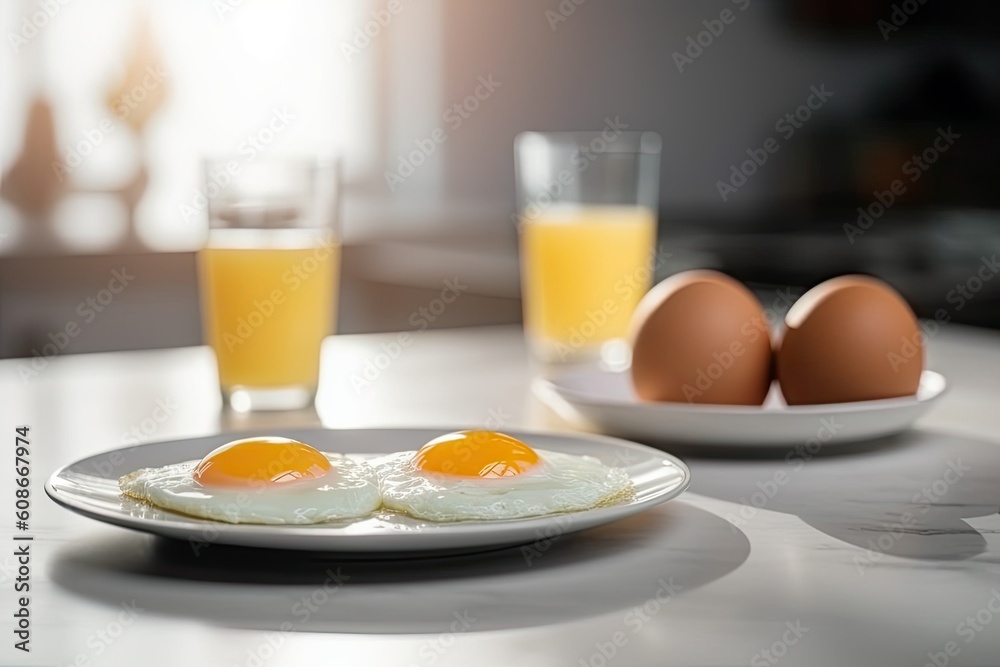 Healthy food for breakfast. Fried eggs and a glass of orange juice in a light kitchen. Generative AI Healthy food for breakfast. Fried eggs and a glass of orange juice in a light kitchen. Generative AI