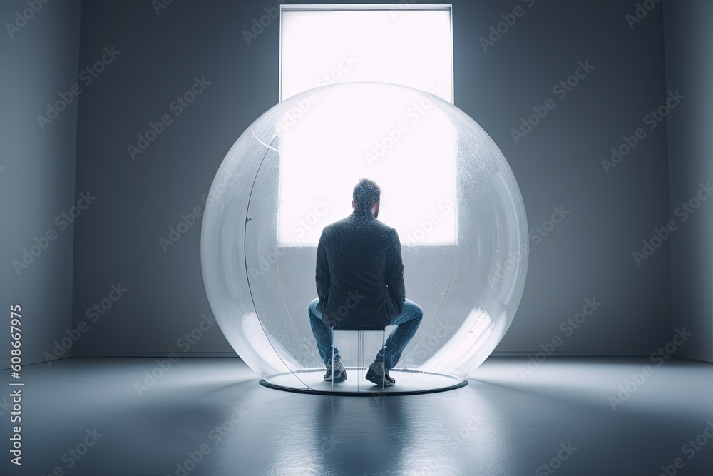 Unsocial lonely man in a bubble sits in an empty white room. Generative AI - obrazy, fototapety, plakaty 