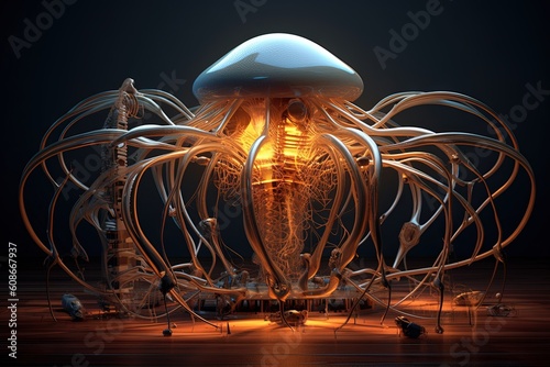 Multidimensional alien instrument with strings made of interwoven strands of pure energy, controlled by the delicate touch of alien appendages, producing intricate melodies illustration generative ai
