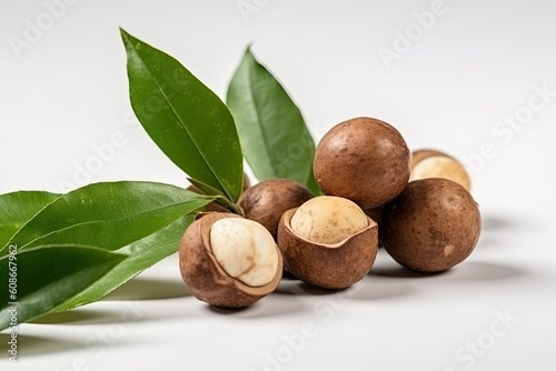 Close-up of macadamia nuts with leaves on a white background. Generative AI