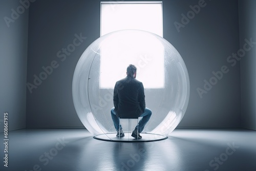 Unsocial lonely man in a bubble sits in an empty white room. Generative AI photo