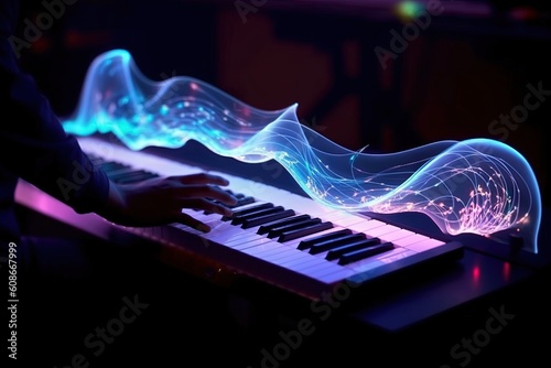Mesmerizing plasma keyboard, where each touch generates cascading waves of light and sound, allowing alien musicians to compose interdimensional melodies illustration generative ai