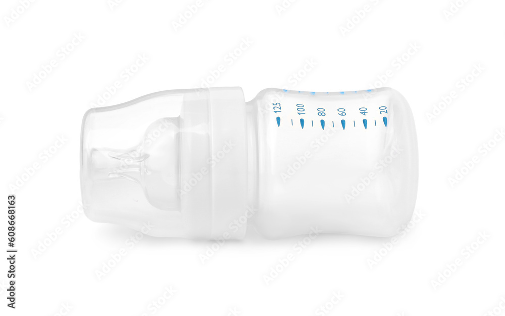 One empty feeding bottle for infant formula isolated on white One empty feeding bottle for infant formula isolated on white