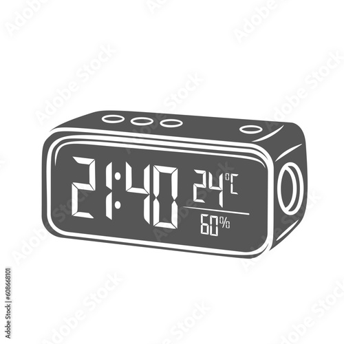 Digital table clock glyph icon vector illustration. Stamp of bedside LED home clock with electronic monitor display of time, temperature and indoor air humidity numbers on crystal digit panel