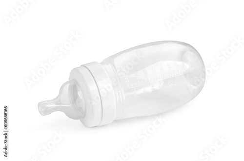 One empty feeding bottle for infant formula isolated on white