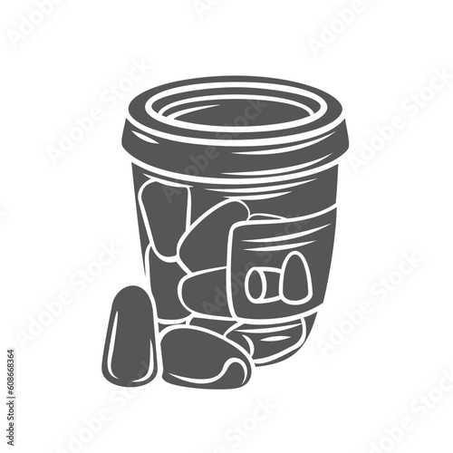 Earplugs glyph icon vector illustration. Stamp of bottle with ear protectors, medical sponges to protect hearing from water, construction and flight noise, earplugs for prevention of sleep problem