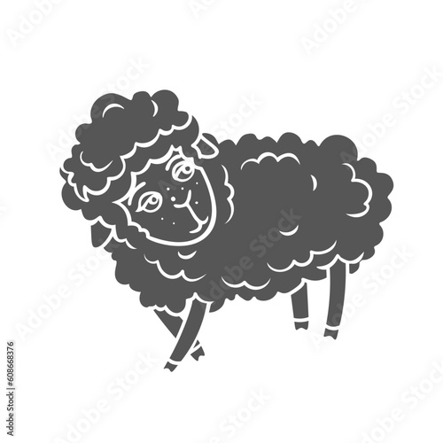 Cute sheep standing glyph icon vector illustration. Stamp of adorable lamb looking back, furry domestic baby animal for counting during insomnia, happy sheep character to help fall asleep in bed