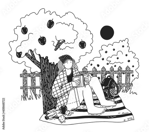 Young woman sitting under apple tree and read the book. Cute vector summer black and white hand-drawn illustration.
