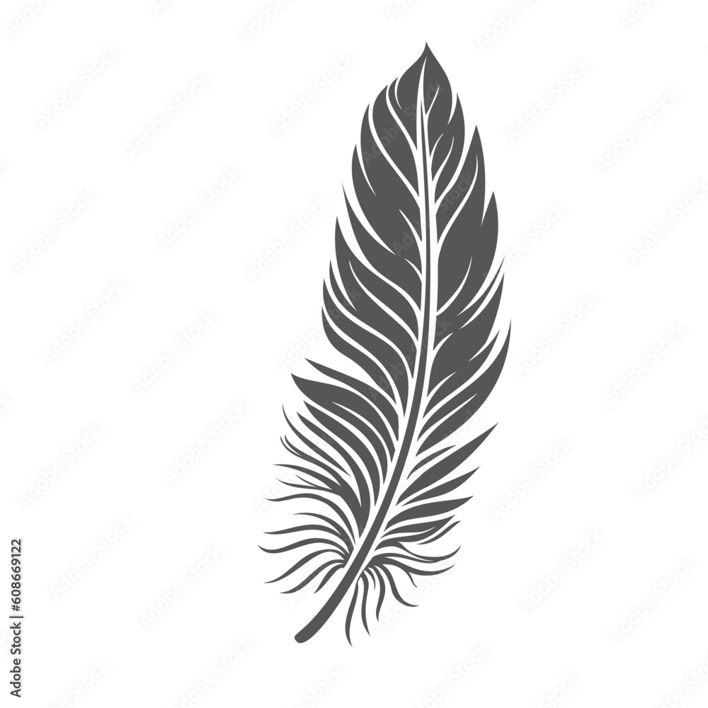 Feather glyph icon vector illustration. Stamp of soft hen or dove, swan or duck plumage, single furry fluffy feather with softness and lightweight for pillow, natural plume of birds wing for flight