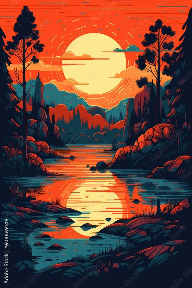 Sunset landscape with trees, mountains and river created using generative ai technology