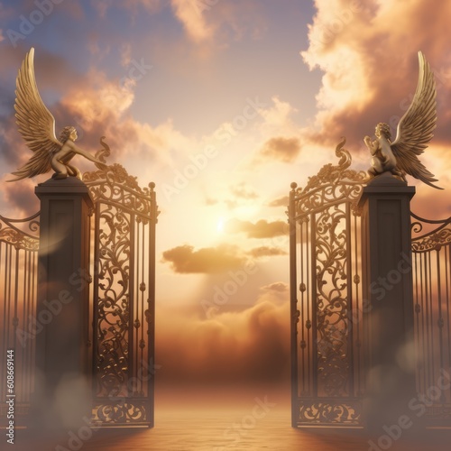 Gates of heaven with clouds and bird, created using generative ai technology