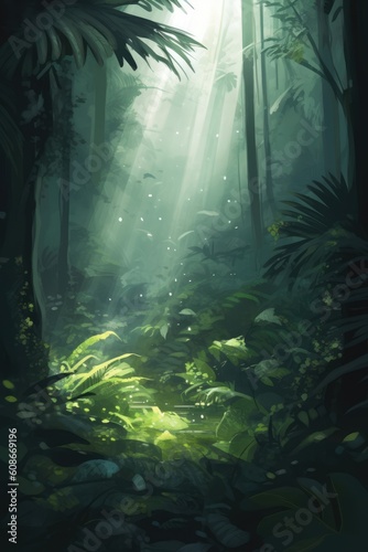 Rainforest with tropical plants and sun rays  created using generative ai technology