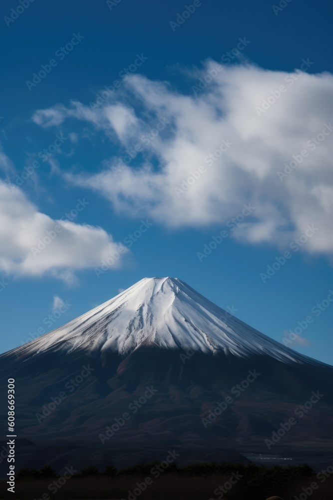 Landscape of mount fuji covered by snow over orange sky, created using generative ai technology
