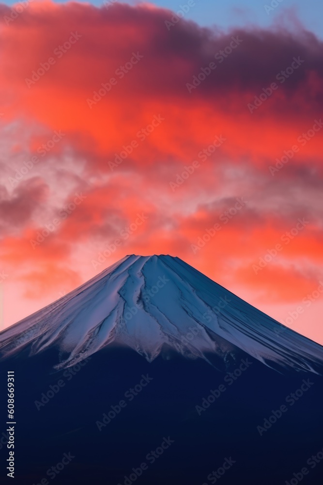 Fototapeta premium Mount fuji covered by snow and river over colourufl sky, created using generative ai technology