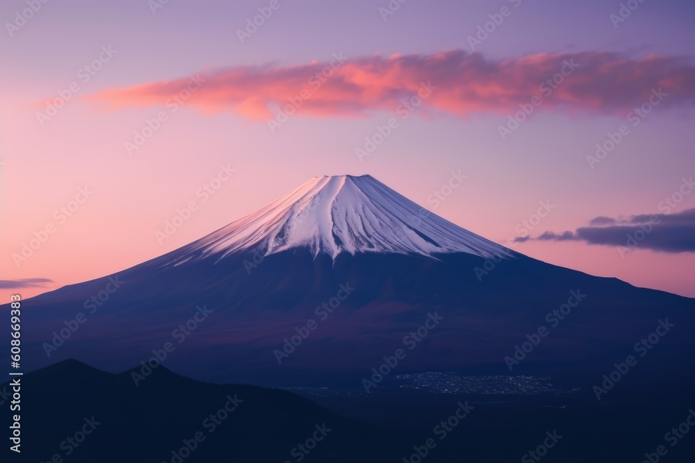 Landscape of mount fuji covered by snow over forest, created using generative ai technology Landscape of mount fuji covered by snow over forest, created using generative ai technology