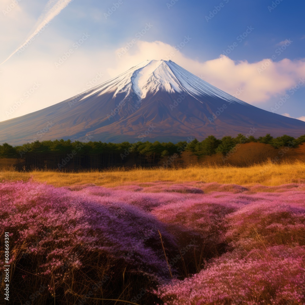 Fototapeta premium Landscape of mount fuji covered by snow over forest, created using generative ai technology