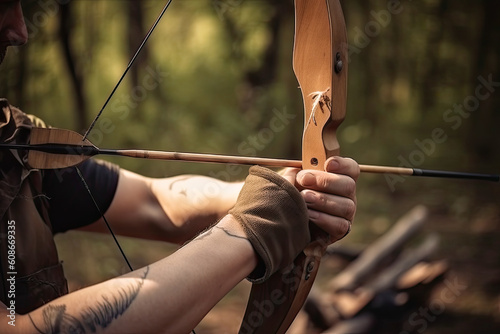 Sport archer shooting a bow, closeup of the hands. Generative AI