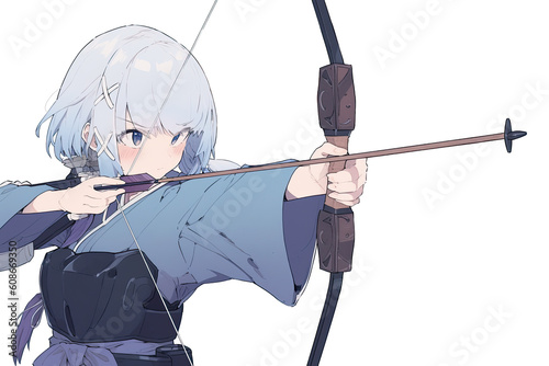 Anime archer girl in woods with a bow, sunny day. Generative AI Illustration