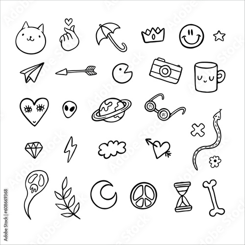Modern stickers and emoji doddles linear icons set photo