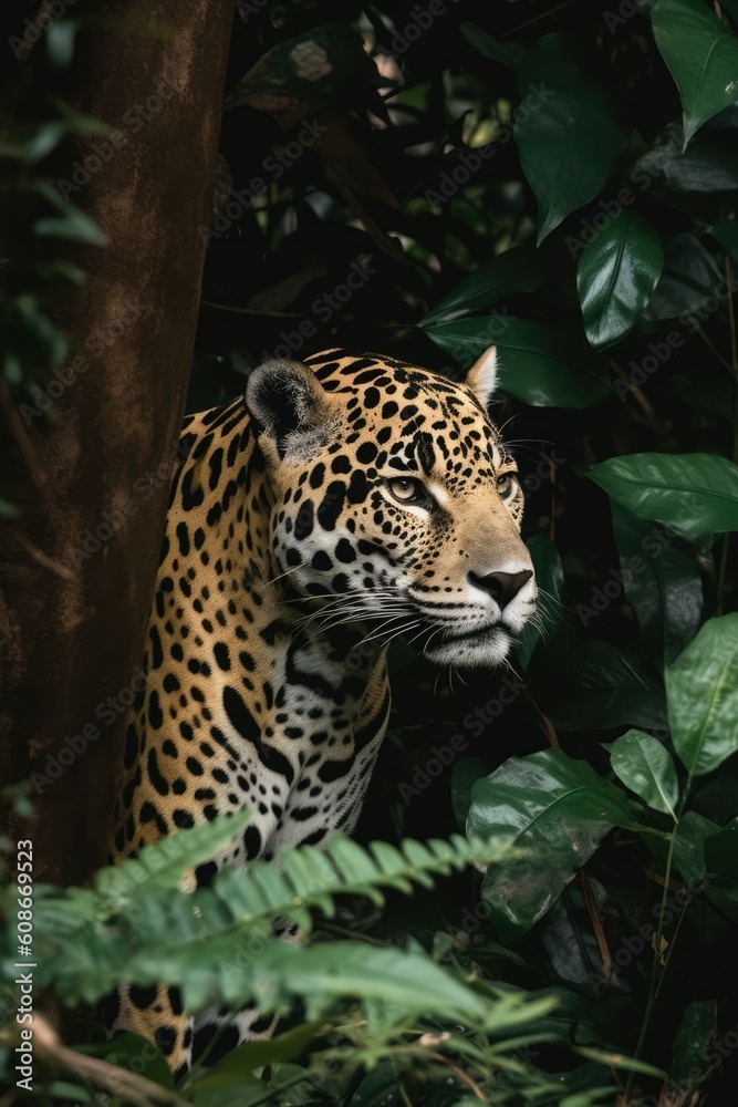 Fototapeta premium Portrait of tiger in tropical jungle leaves and plants, created using generative ai technology
