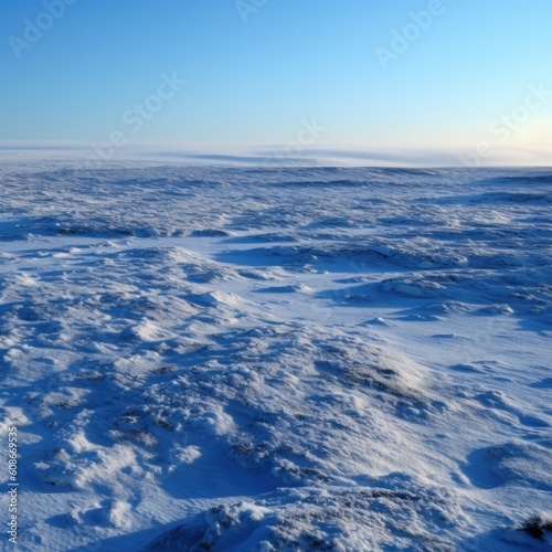 Frozen arctic tundra landscape with snow and sun, created using generative ai technology