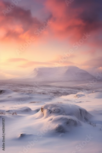 Frozen arctic tundra landscape with snow and clouds, created using generative ai technology