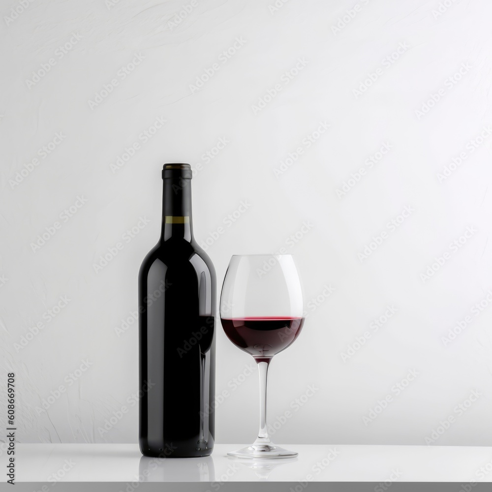 Wine bottle and glass with red wine on black background, created using generative ai technology Wine bottle and glass with red wine on black background, created using generative ai technology