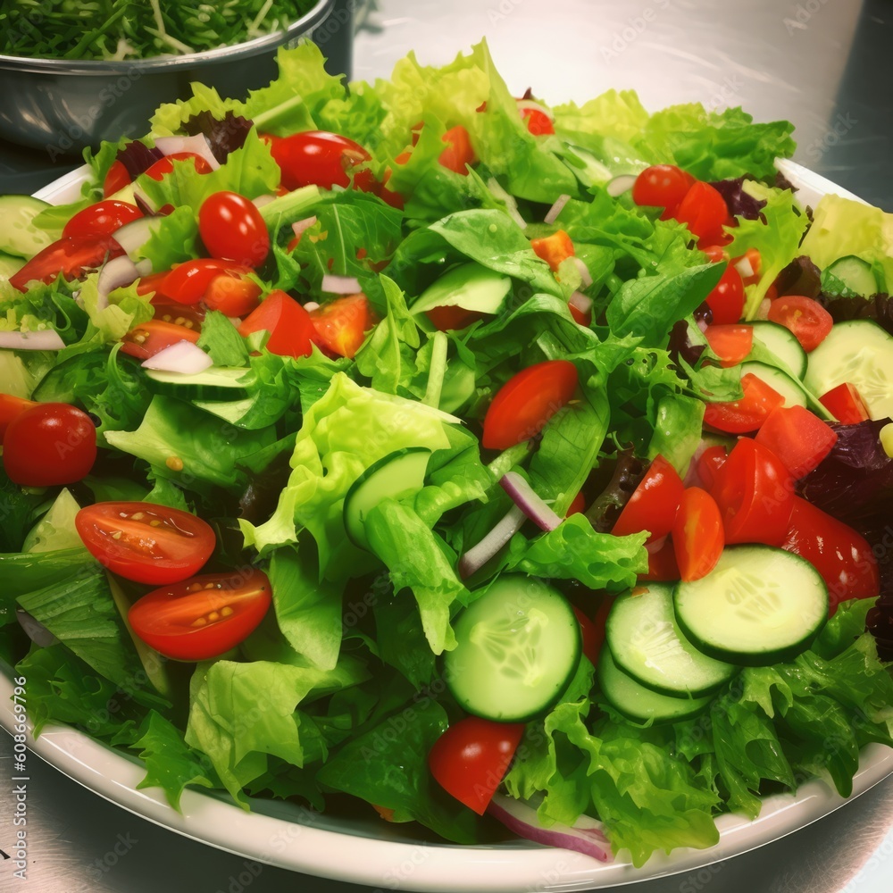 Close up of plate of fresh salad with cheese and croutons, created using generative ai technology