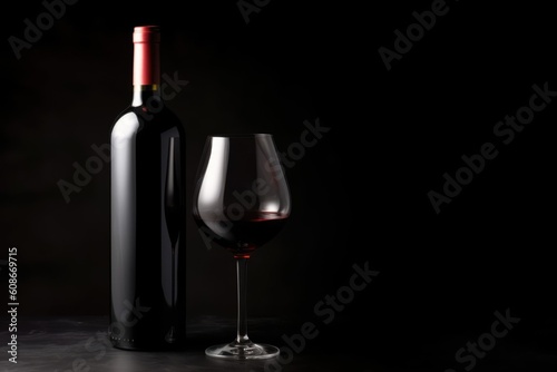 Wine bottle and glass with red wine on black background, created using generative ai technology