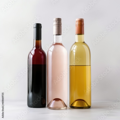 Three bottles of red white and rose wine on white background, created using generative ai technology