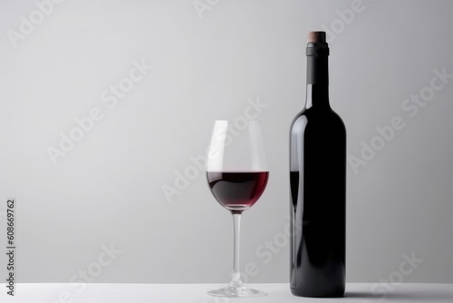 Wine bottle and glass with red wine on black background, created using generative ai technology