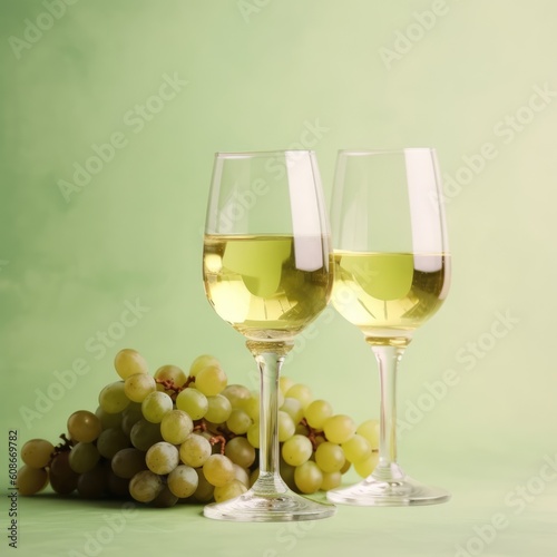 Two glasses of white wine and grapes on green background, created using generative ai technology
