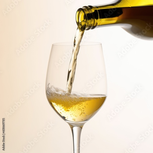 White wine pouring to glass from bottle on white background, created using generative ai technology