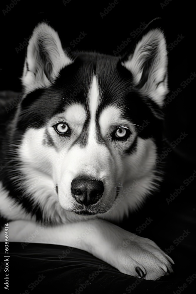Close up of siberian husky in black and white, created using generative ai technology Close up of siberian husky in black and white, created using generative ai technology