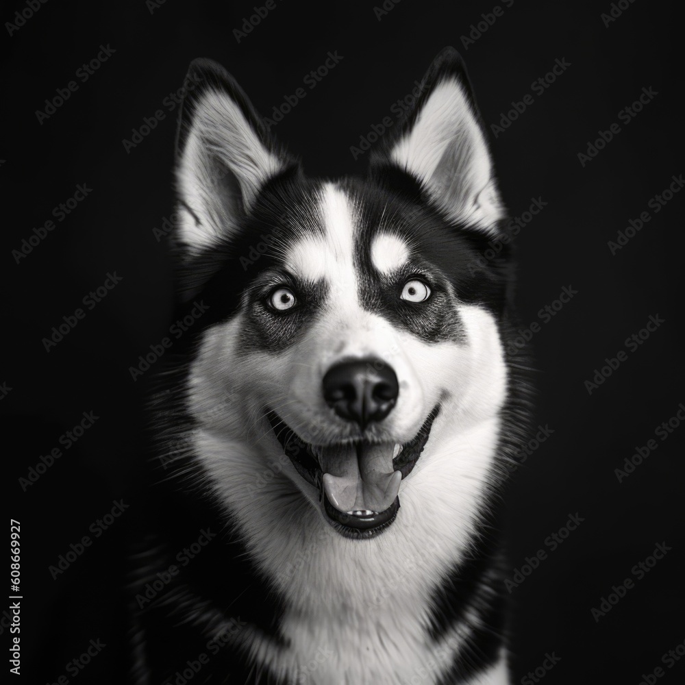Close up of siberian husky in black and white, created using generative ai technology